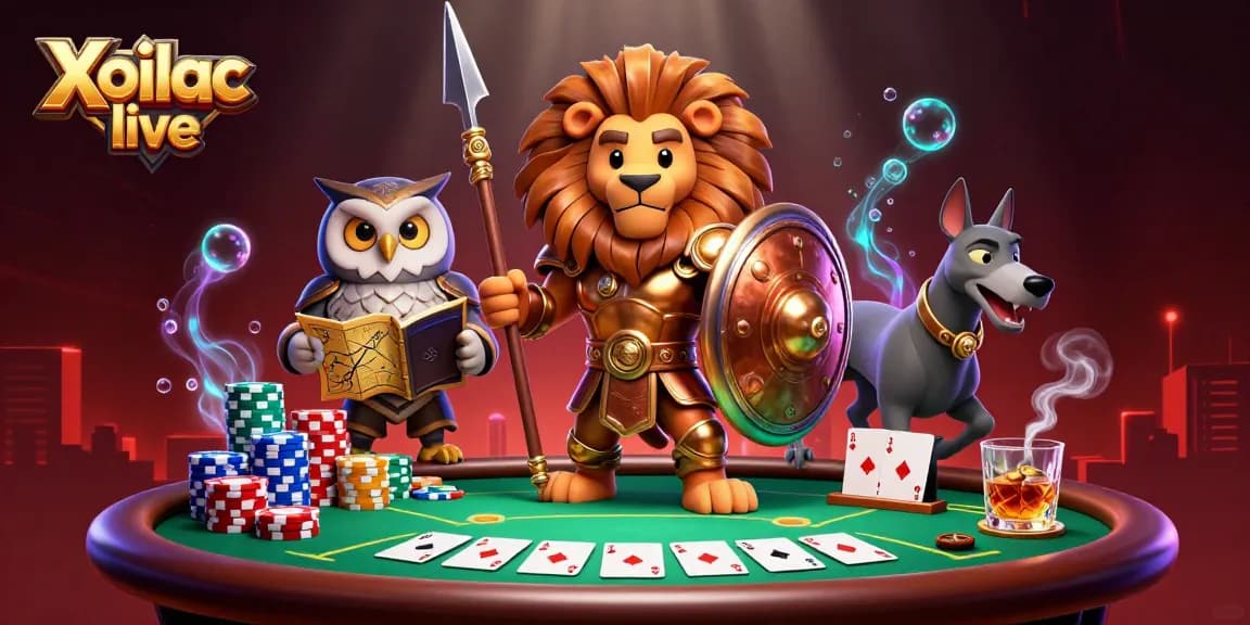 Xoilac live captures the excitement of poker with a Spartan lion, owl strategist, and greyhound messenger.