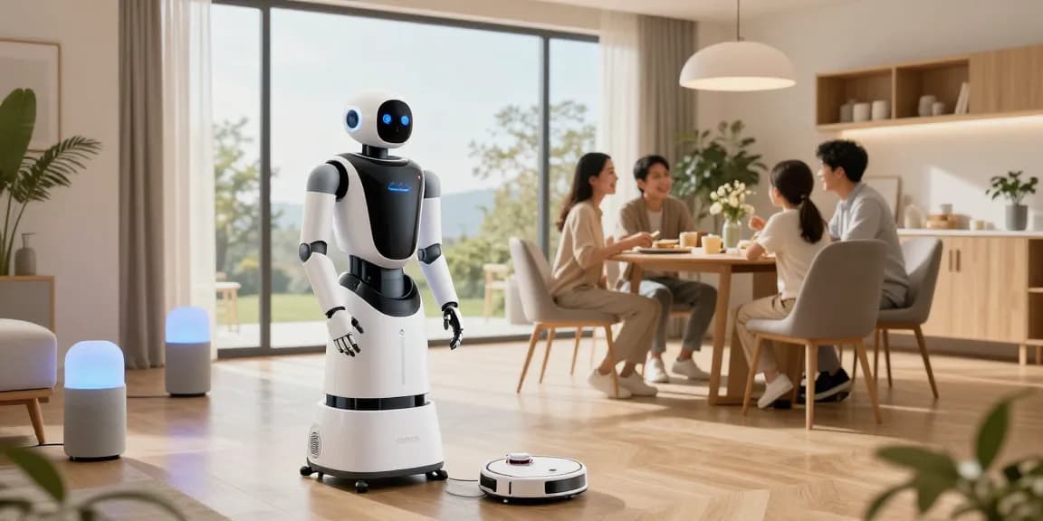 Home robot 2026 assisting a family with chores in a modern living space.
