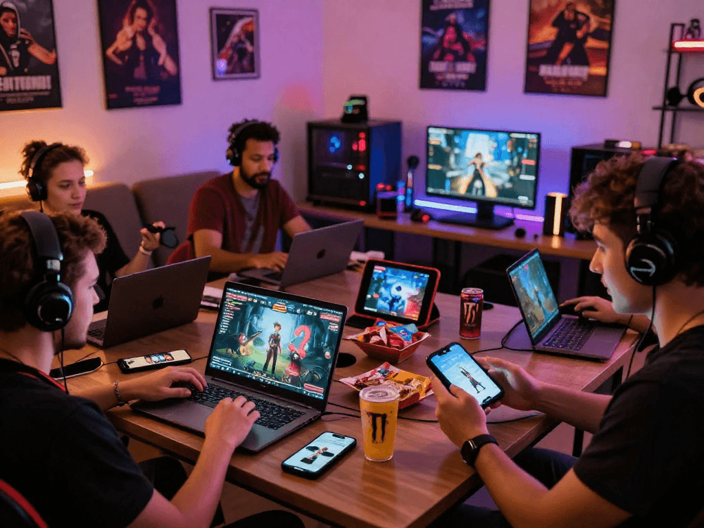 Adults immersed in playing exciting adult games on various devices in a vibrant gaming room.