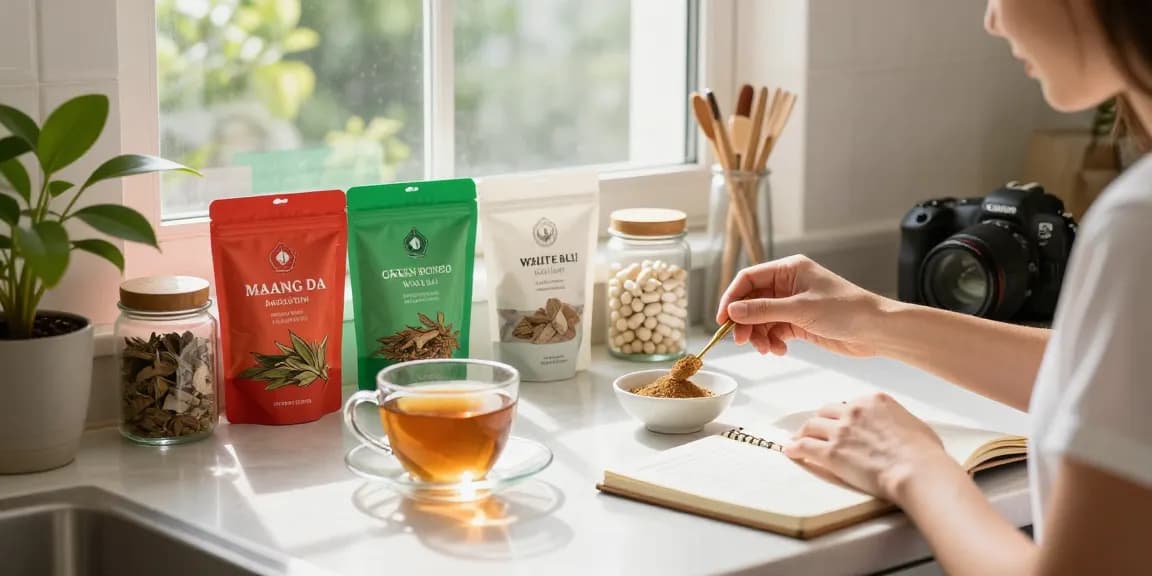 Happy Go Leafy kratom powder in a cozy kitchen wellness scene with natural lighting and herbal ingredients.