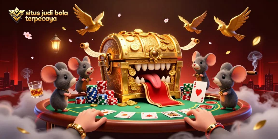 Engaging illustration of situs judi bola terpercaya showcasing a treasure chest, poker chips, and vibrant casino elements.