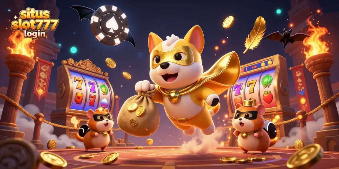 Elevate your gameplay with situs slot777 login, featuring a heroic dog and hamster amidst swirling slot symbols.
