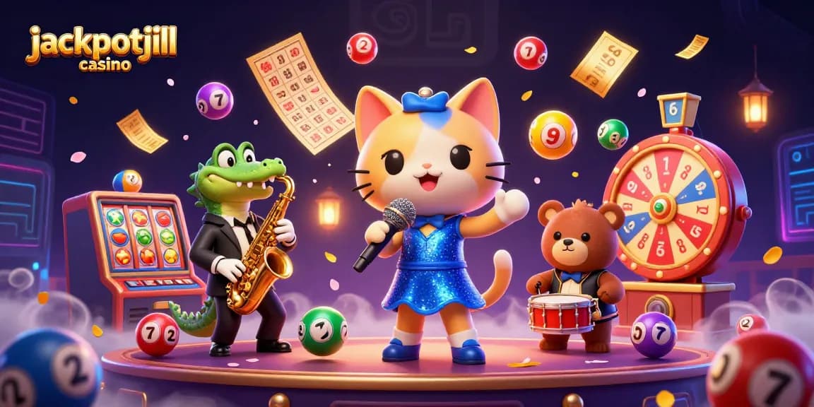 Engage with jackpotjill casino’s vibrant 3D scene showcasing lively casino characters and dynamic game elements.