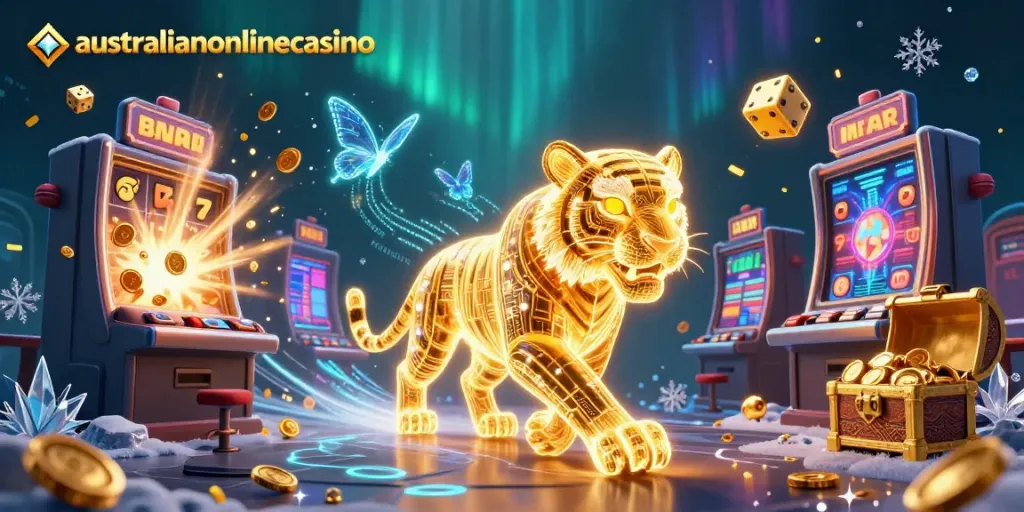 Experience the immersive world of australianonlinecasino with shining golden tiger companions in a vibrant 3D casino landscape.