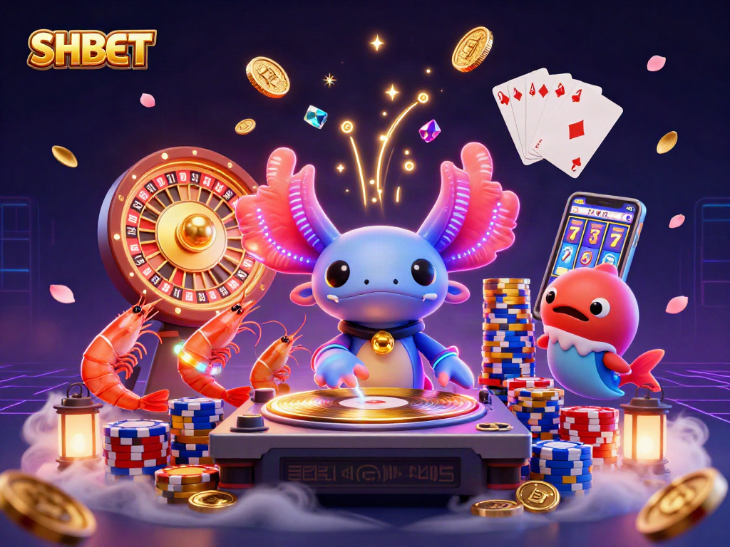 Experience vibrant SHBET gaming with lively characters and dynamic casino elements in a neon underwater scene.