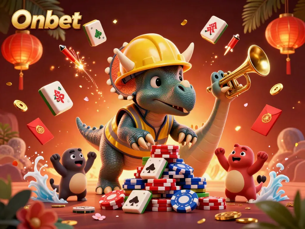 Experience the thrill of Onbet with a vibrant casino scene featuring playful dinosaur characters.