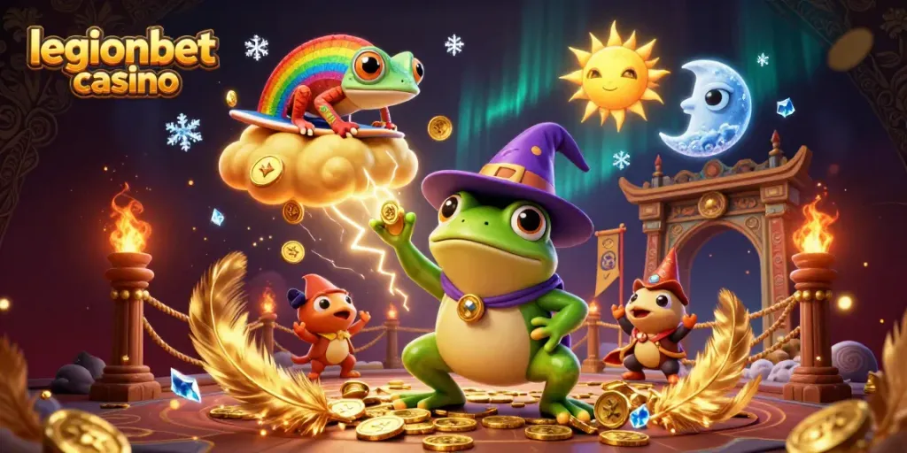 Experience thrilling gameplay at legionbet casino with a dynamic illustration of cartoon characters amidst coins and excitement.