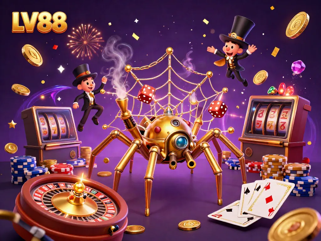 Experience thrilling action with LV88 as a golden spider spins a web of luck amidst cascading coins and poker chips.