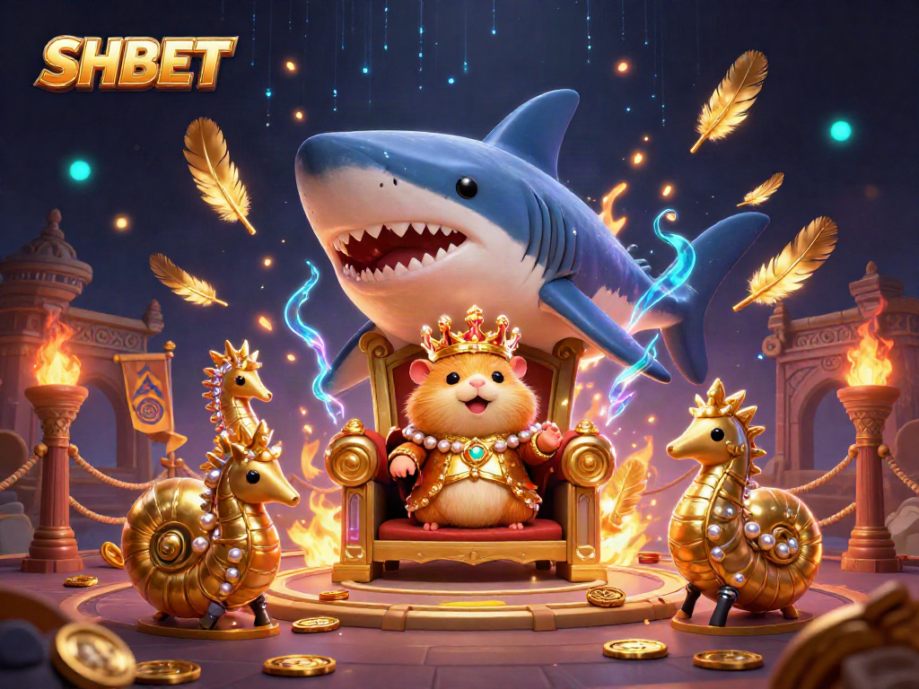 Bet on SHBET with a dynamic scene featuring a hamster king and royal guards in a vibrant casino arena.