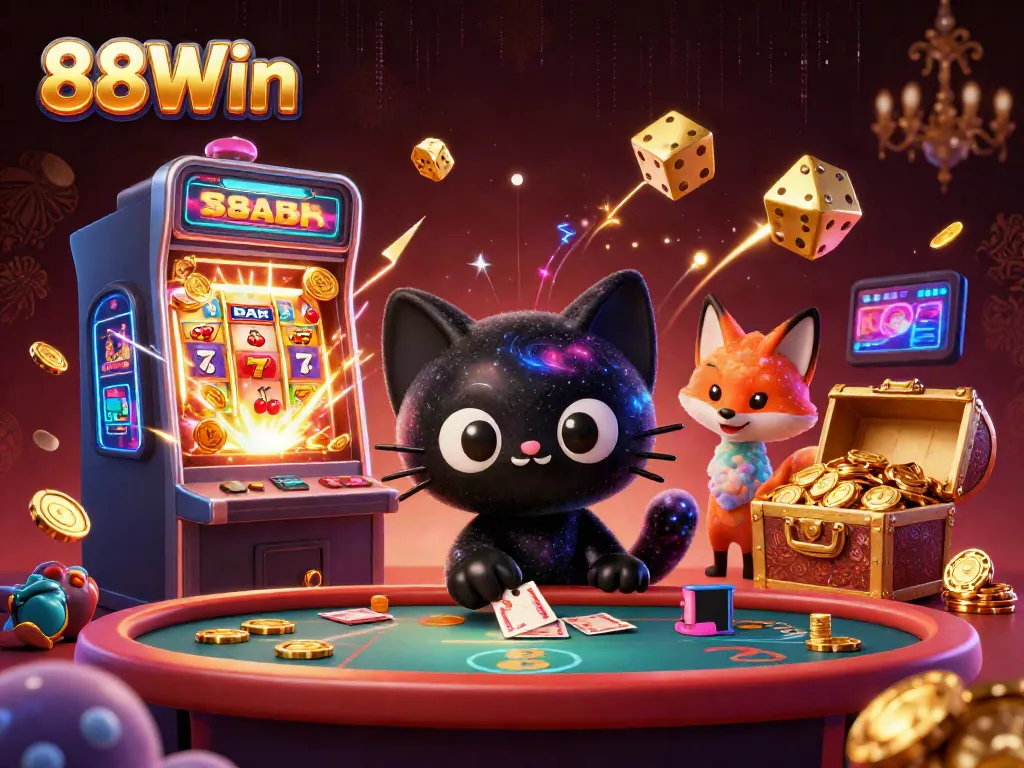 Engage with thrilling gameplay at 88Win's exciting casino scene featuring animated characters and vibrant elements.