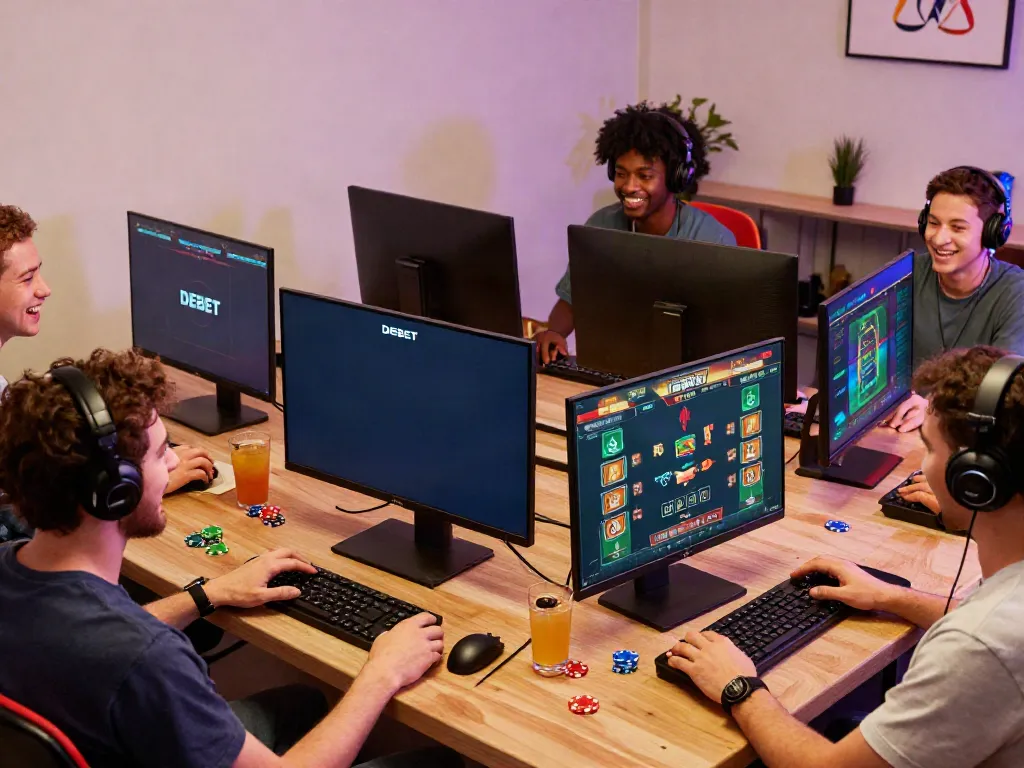 DEBET online gaming scene showcasing players immersed in casino games and sports betting, creating an engaging atmosphere.