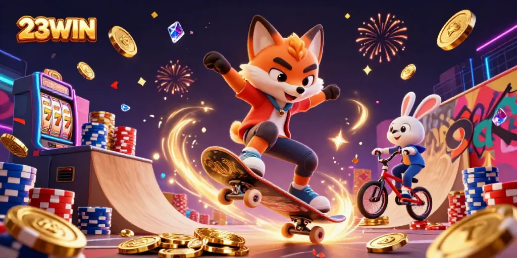 Experience the dynamic thrill of casino gaming with the 23WIN skateboarder fox and BMX rabbit surrounded by falling coins and slot machines.