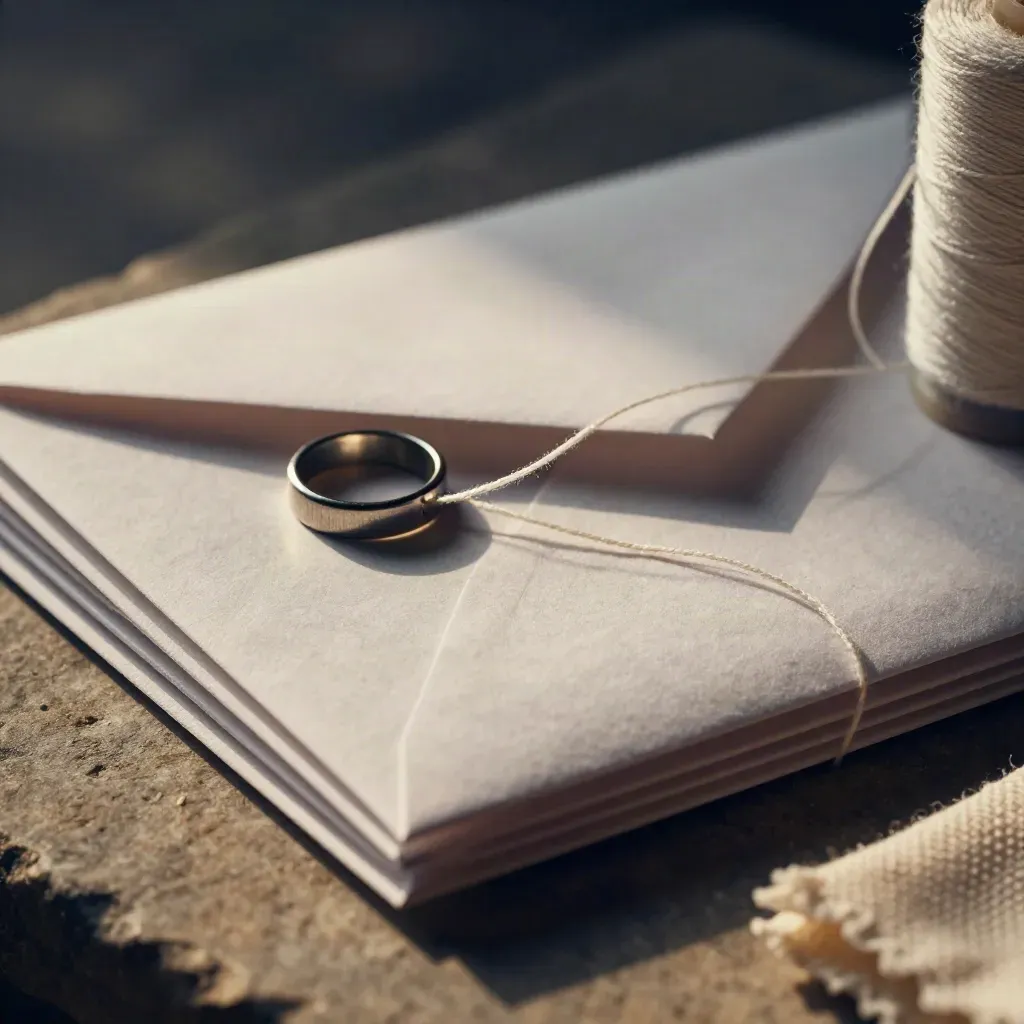 Blank courier envelopes, thread spool, metal ring and folded fabric sample on warm stone in raking light.