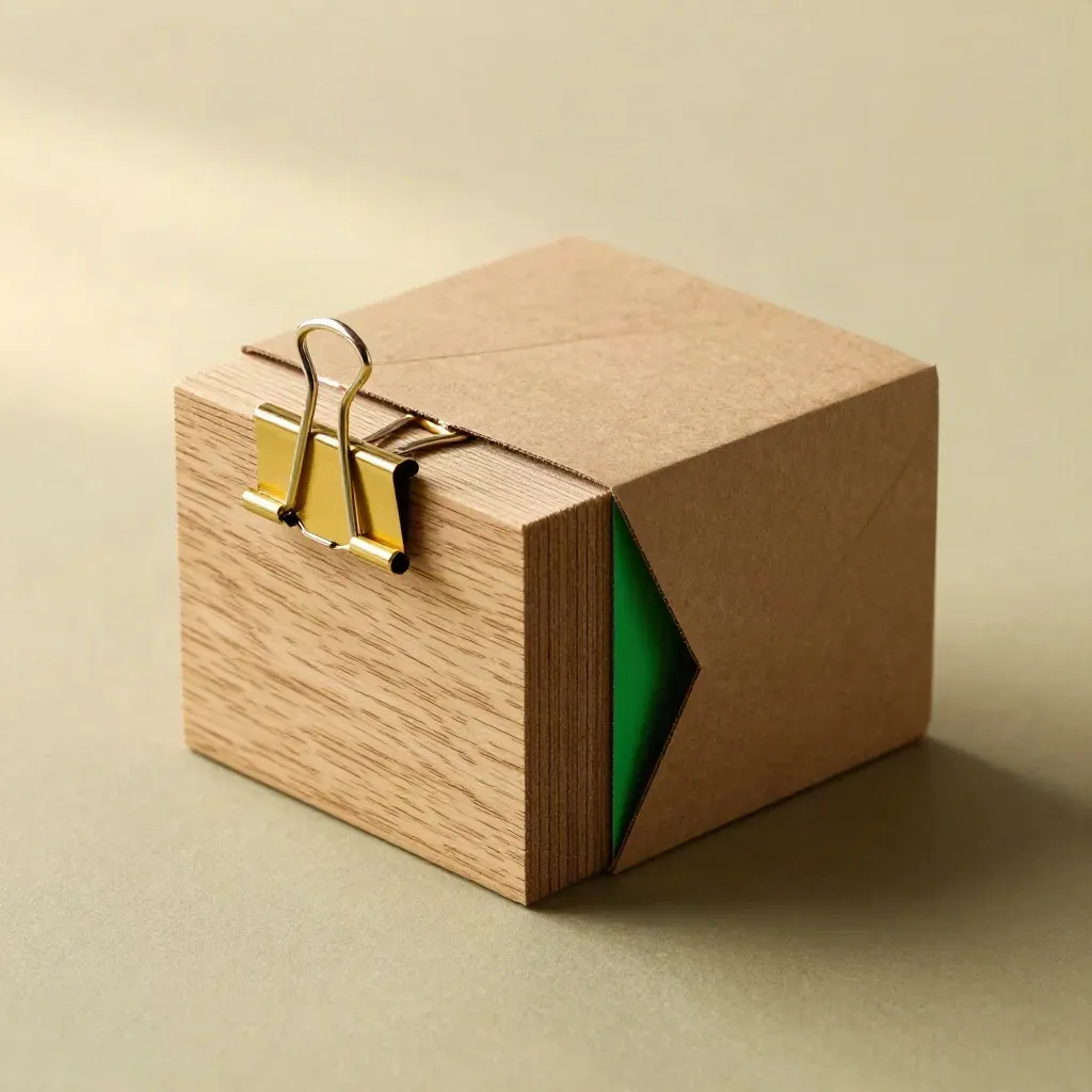 Macro still life of wooden blocks, brass clips and a folded prototype carton on khaki paper.