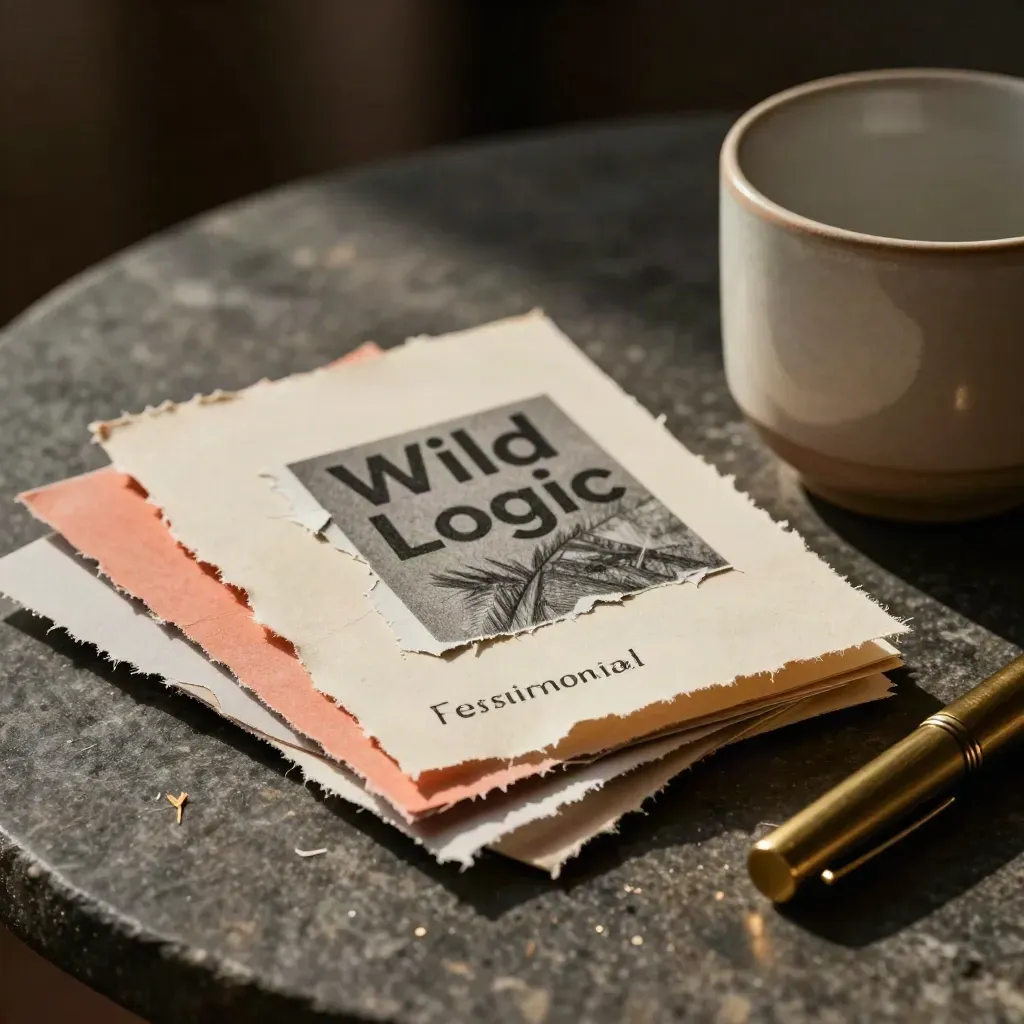 Torn mockups, paper swatches, ceramic cup and brass cap on stone under dramatic studio light.