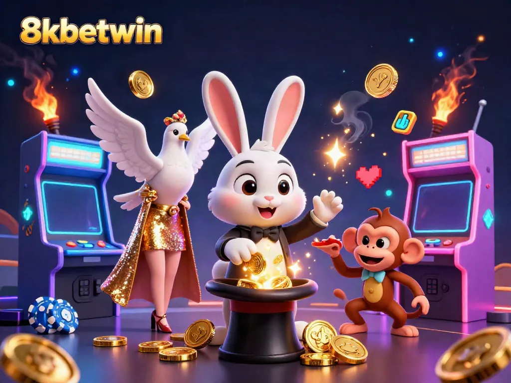 Experience the thrill of 8xbetwin with a lively 3D casino illustration featuring colorful characters and gaming elements.