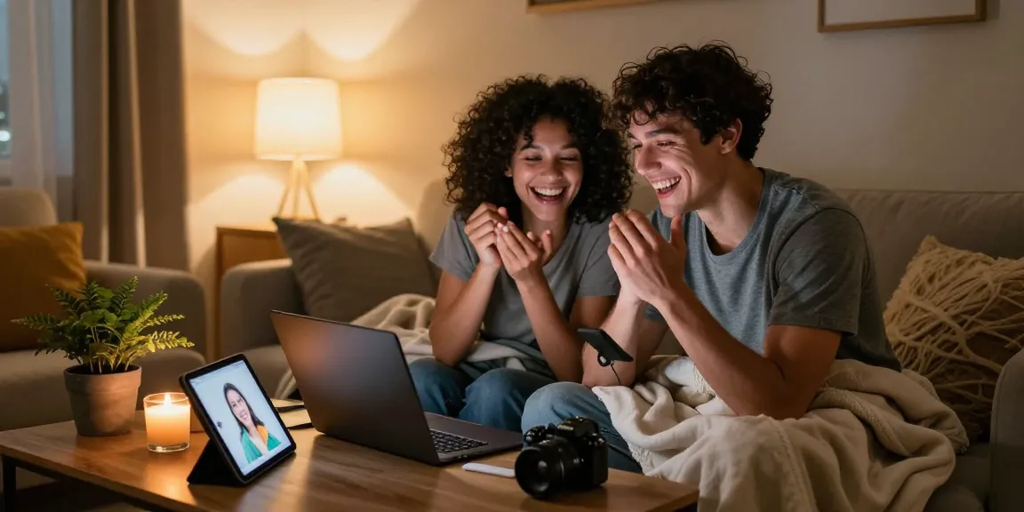 Couple enjoying an AI sex chat on a laptop in a cozy living room.