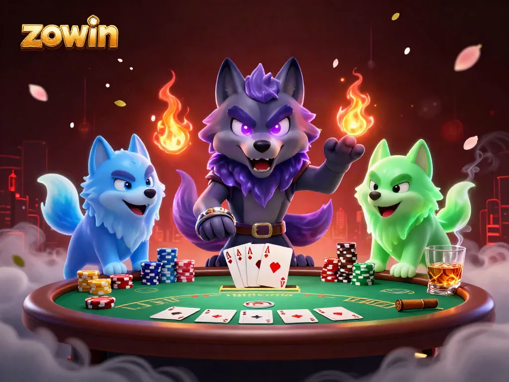 Zowin-themed casino illustration featuring ghostly wolf characters at a poker table