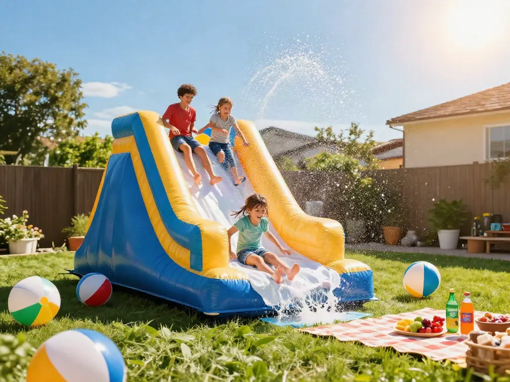 Children having fun on a slip and slide in the backyard with splashes of water and vibrant summer atmosphere.