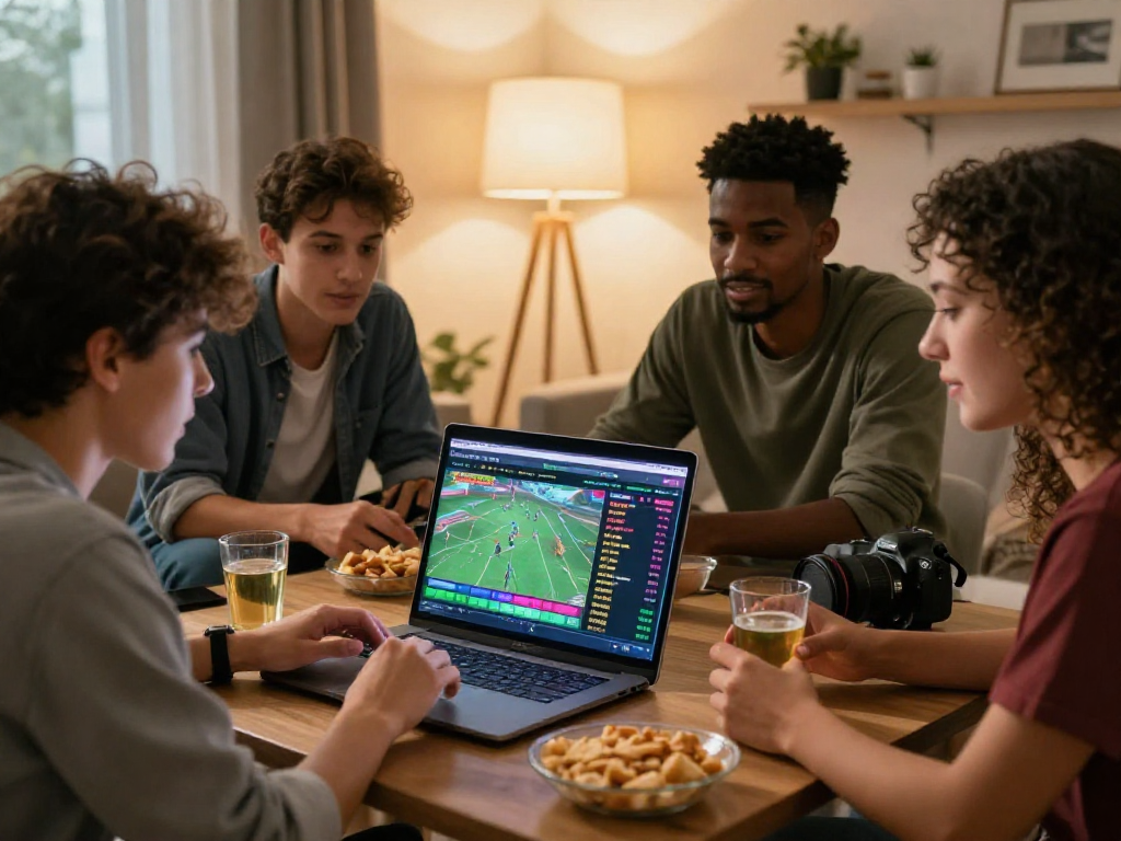 Dynamic betting experience on EK 333 with friends discussing sports strategies in a cozy setting.