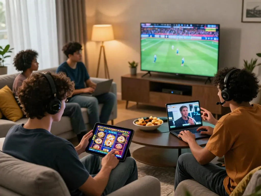 Exciting gaming scene with players enjoying the nhà cái gem88 experience on various devices in a cozy living room.