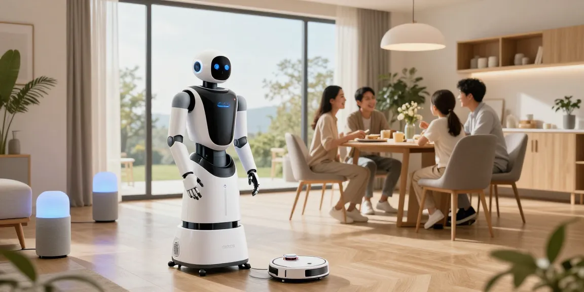 Home robot 2026 assisting a family with chores in a modern living space.