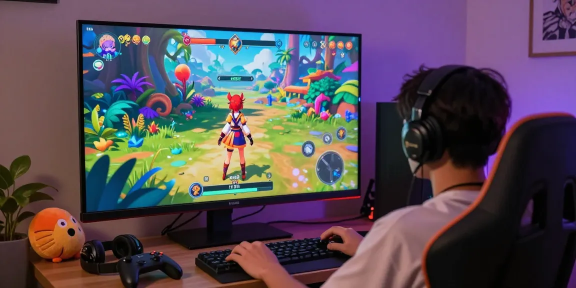 Engaging scene of a player immersed in a captivating hentai game, showcasing vibrant graphics and an anime character in a fantasy setting.