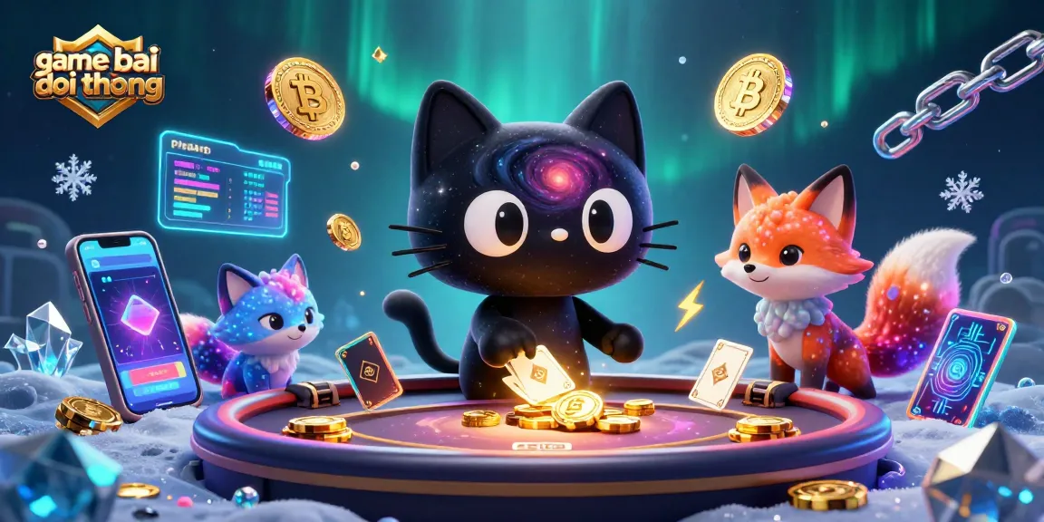 Engage in game bai doi thuong with cosmic elements, featuring a black hole cat and nebula fox at a vibrant casino table.