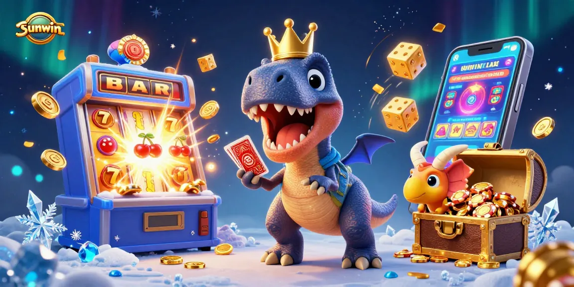 Experience sunwin's thrilling casino games with a fun T-Rex and friends in a vibrant, jackpot-filled scene.