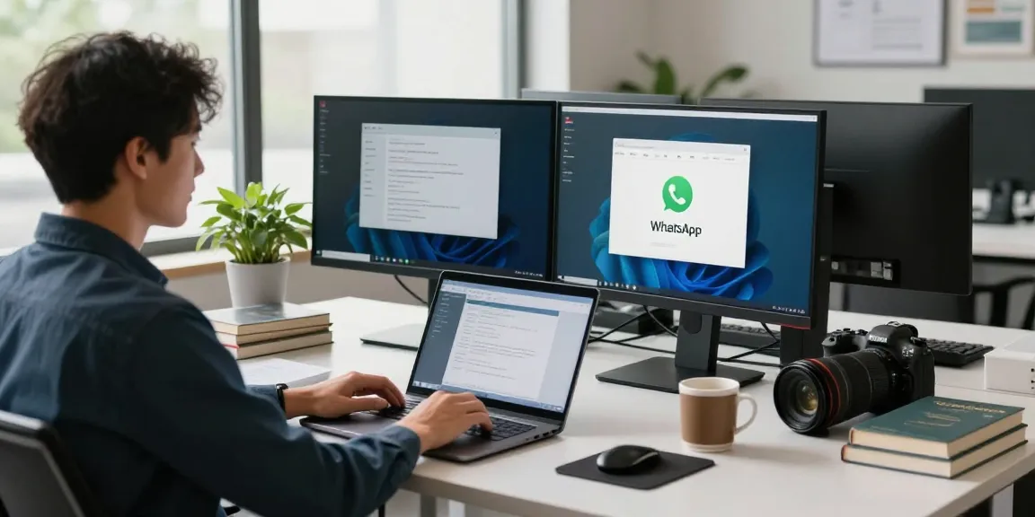 Focused developer using WhatsApp網頁版 on dual monitors in a modern workspace