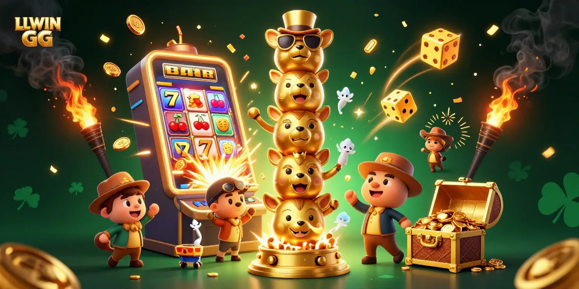 Exciting LLWIN GG scene showcasing a golden totem pole and a jackpot slot machine explosion with casino elements.