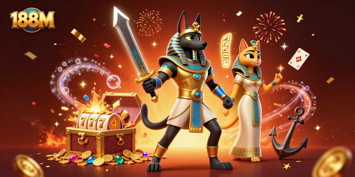 Experience winning excitement at 188M with Anubis and Bastet among dazzling casino riches.