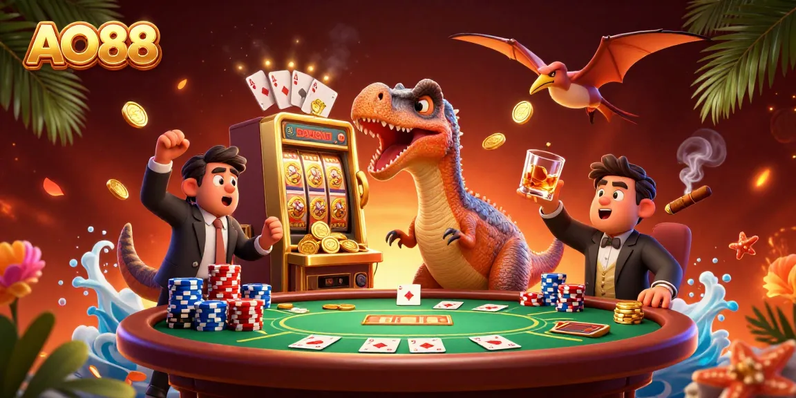 AO88 illuminates excitement as a cartoon dinosaur jackpots at a casino, with thrilling game elements.