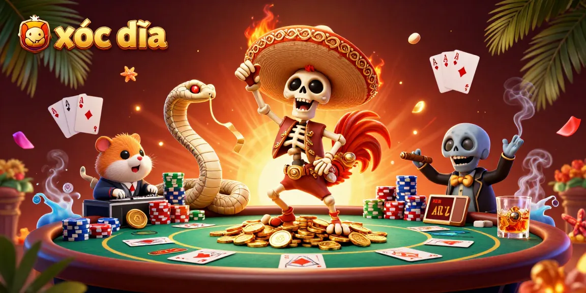 Xóc đĩa scene with cartoon skeleton mariachi rooster celebrating on golden coins amidst vibrant poker elements.