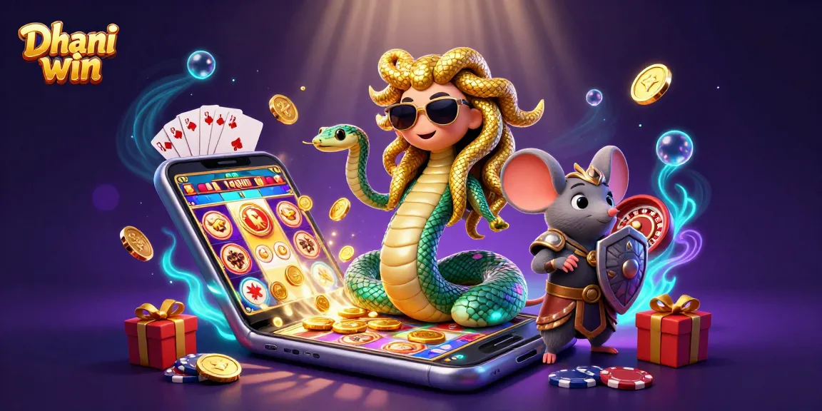 Dhani win brings excitement through a vibrant 3D casino scene with Medusa and a warrior mouse amidst thrilling games.