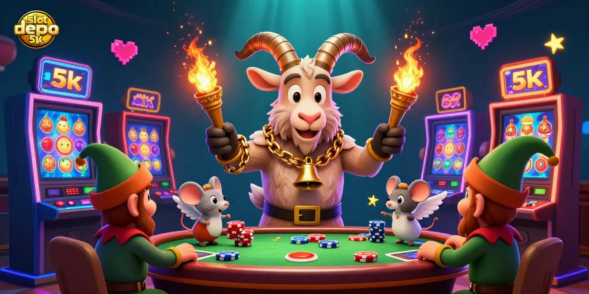 Engage with the dynamic slot depo 5k scene featuring a playful Krampus goat, angel mouse, and elf gremlins in an exciting casino atmosphere.