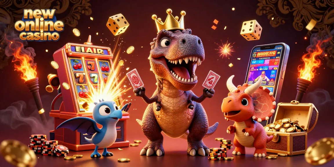 Experience thrilling action at the new online casino with T-Rex and friends enjoying card games.