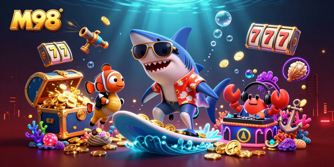 M98 surfing shark with coins and slot reels in vibrant underwater casino scene