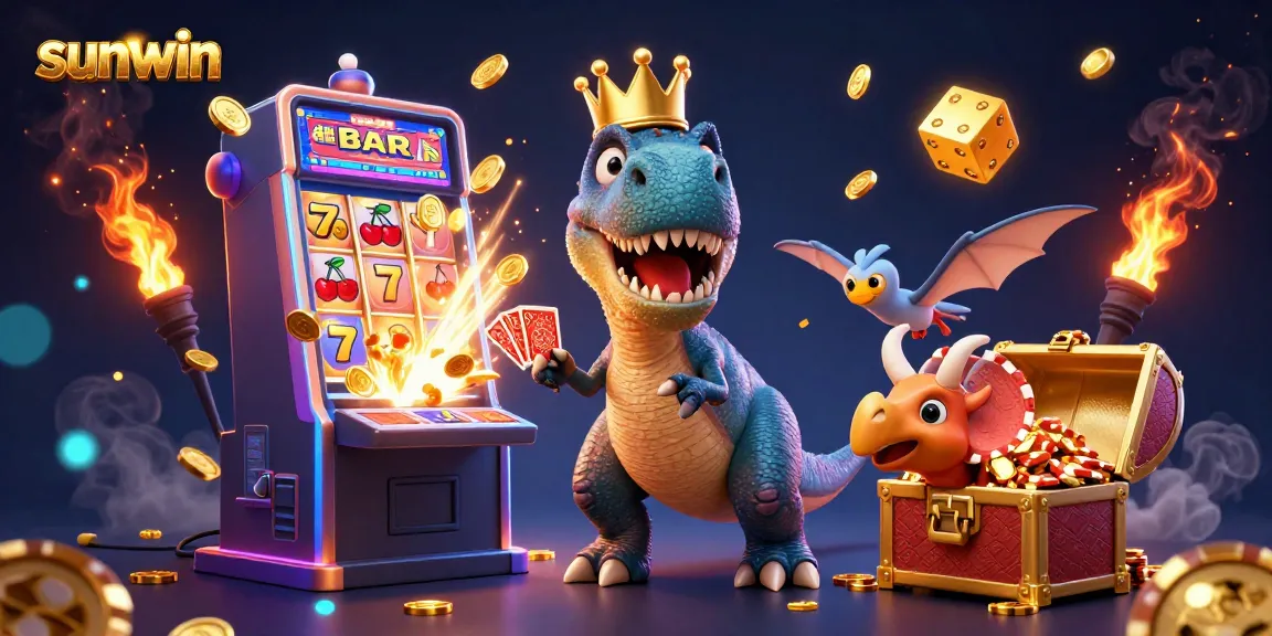 Experience thrilling gaming with sunwin as a T-Rex plays cards and dinosaurs stack chips.